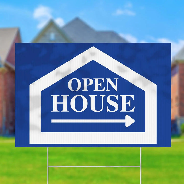 Blue Open House Real Estate Yard Signs iCustomLabel