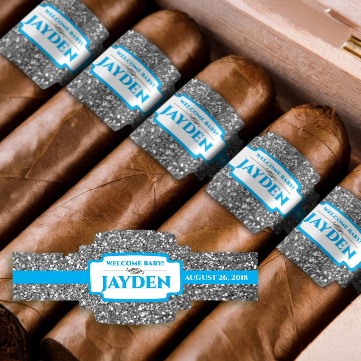 Blue Silver Glitter Baby Shower Cigar Bands - iCustomLabel