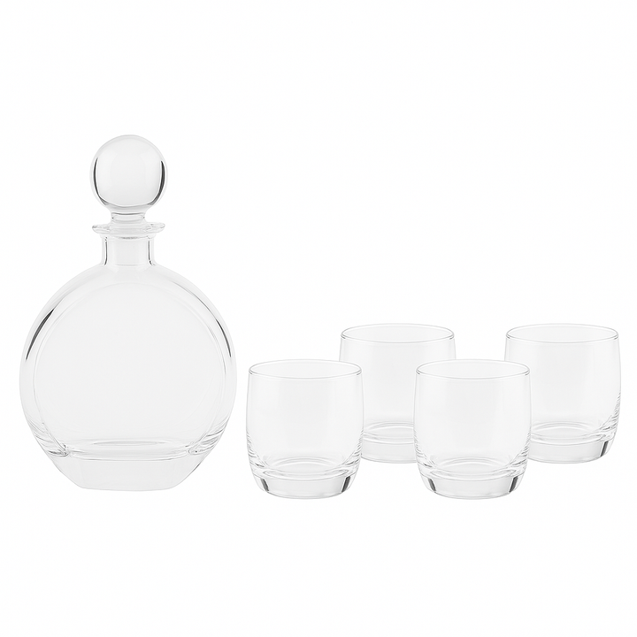 Round Personalized Whiskey Decanter Set with 4 Engraved Glasses