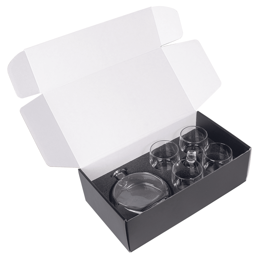 Round Personalized Whiskey Decanter Set with 4 Engraved Glasses