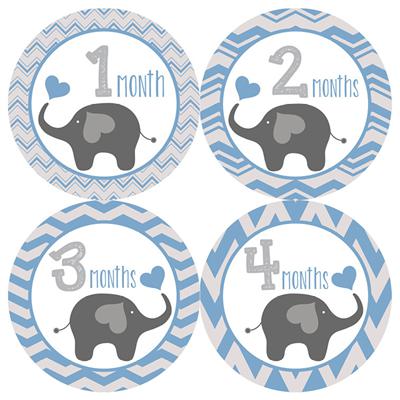 Elephant Blue Baby Month Stickers
