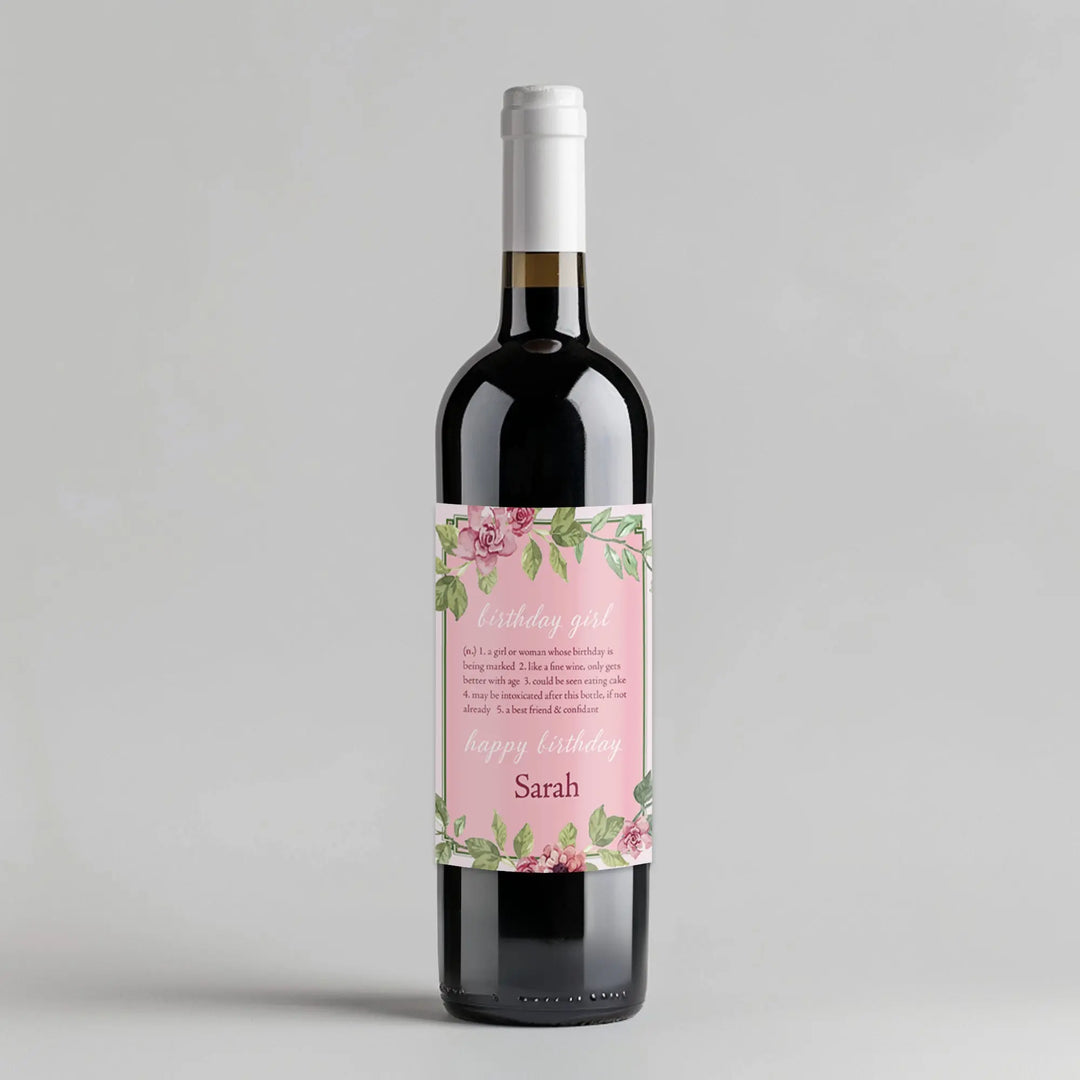 Floral Girl Birthday Wine Label iCustomLabel