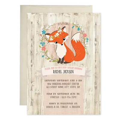 Fox Flower Baby Shower Invitations