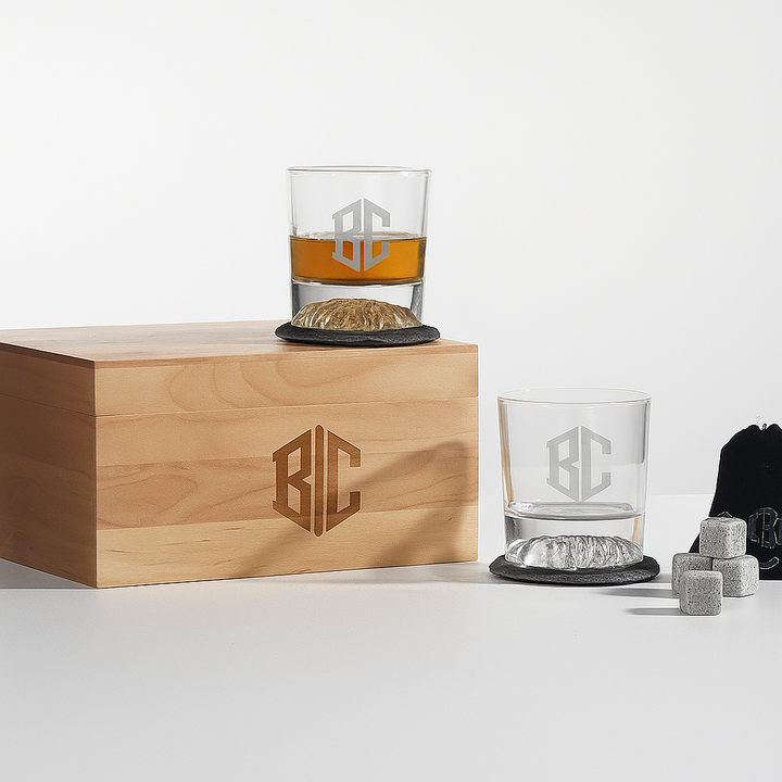 Personalized Whiskey Gift Box Set with Glasses, Stones & Coasters