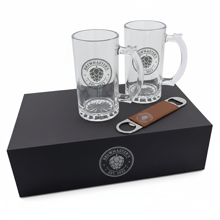 Custom Beer Mug Gift Box Set – Personalized Glass Mugs with Engraved Bottle Opener