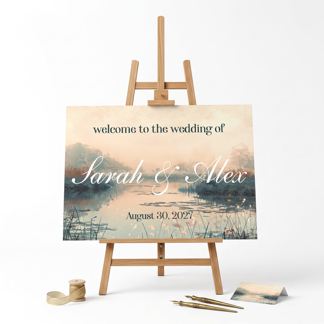 Lake Wedding Welcome Sign, Personalized Reception Sign, Misty Lakeside Wedding Decor, Custom Acrylic Sign