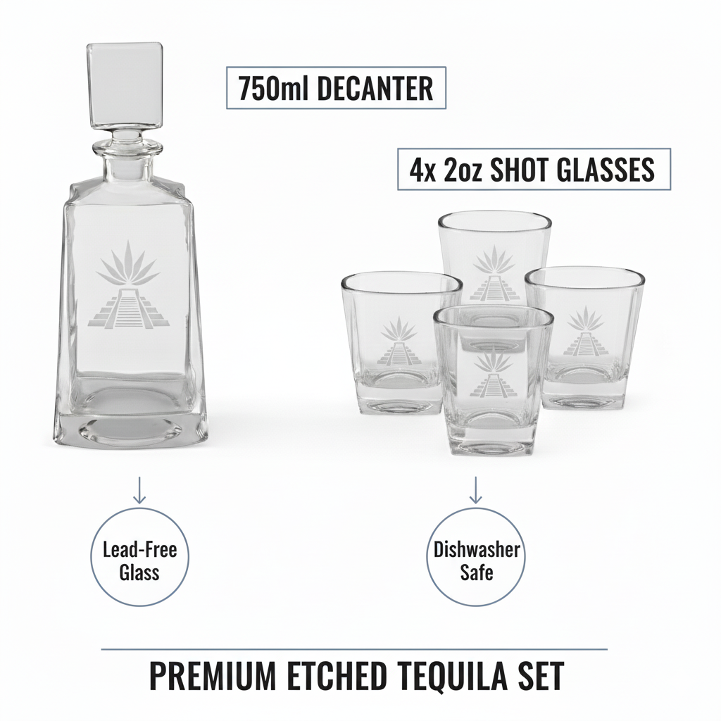 Tequila Decanter Gift Set with 4 Shot Glasses – Custom Engraved
