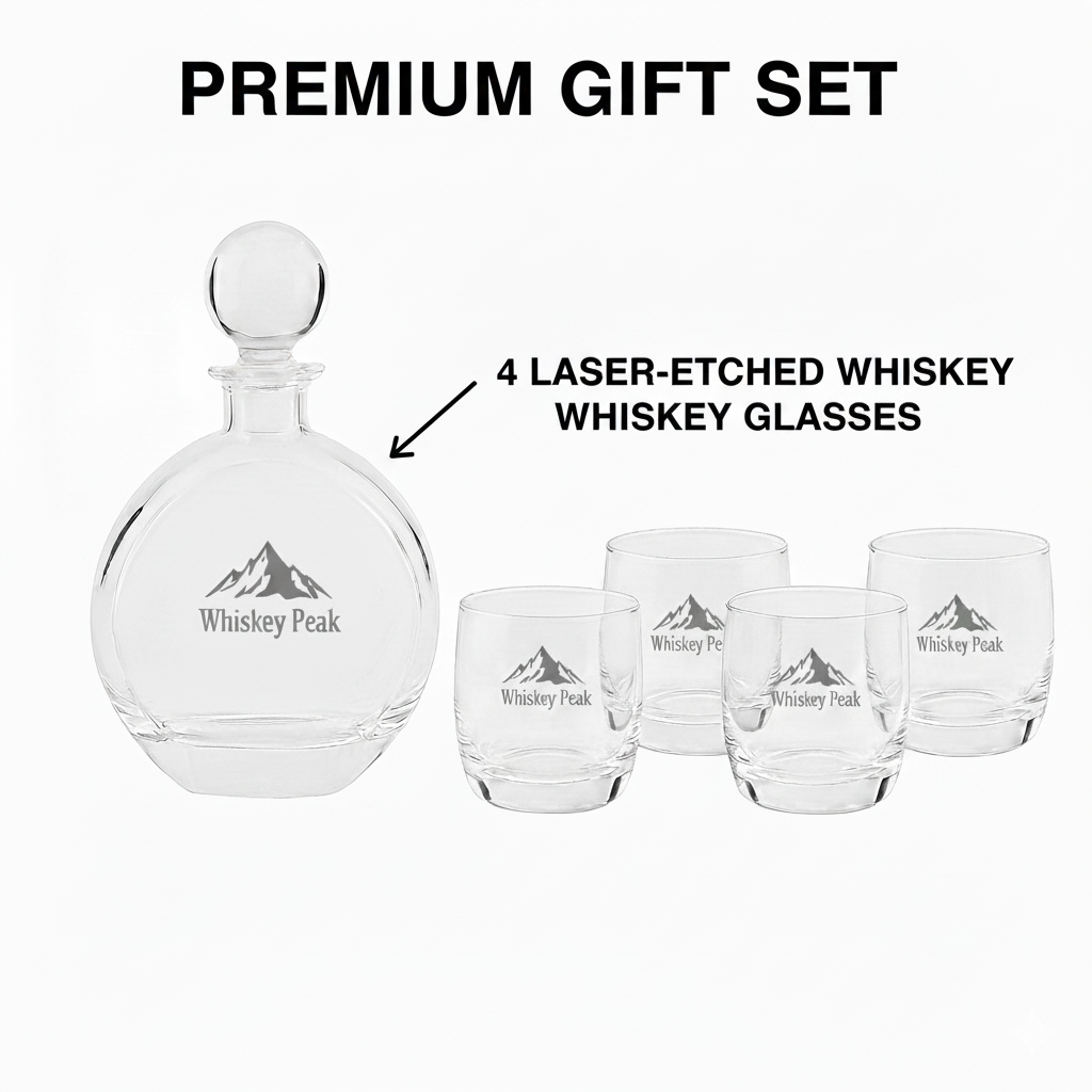 Round Personalized Whiskey Decanter Set with 4 Engraved Glasses