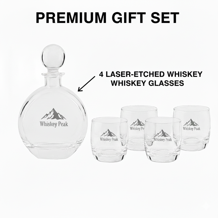 Round Personalized Whiskey Decanter Set with 4 Engraved Glasses