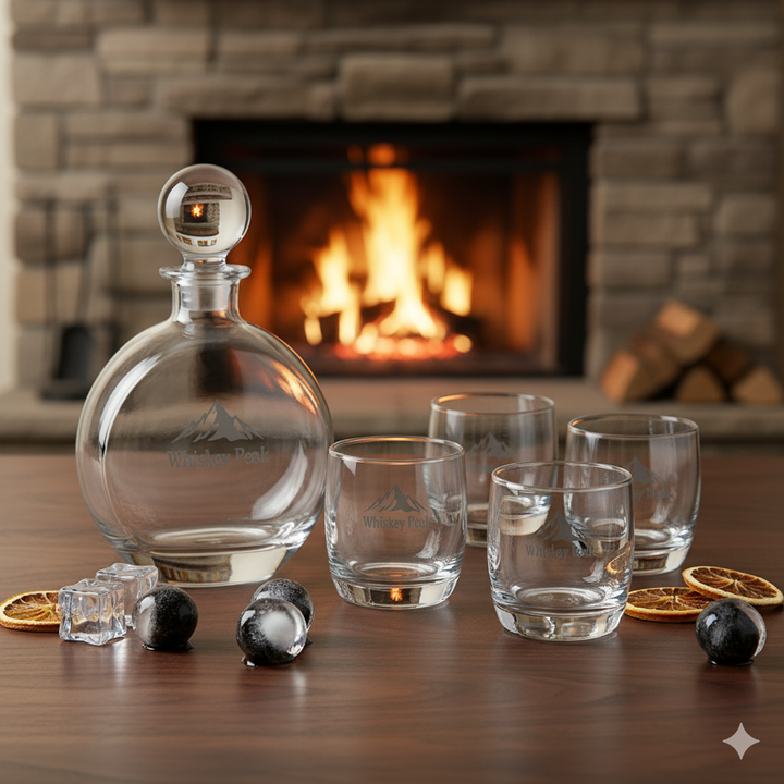 Round Personalized Whiskey Decanter Set with 4 Engraved Glasses