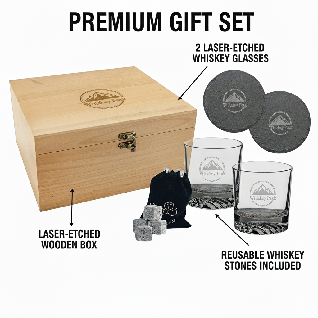 Personalized Whiskey Gift Box Set with Glasses, Stones & Coasters