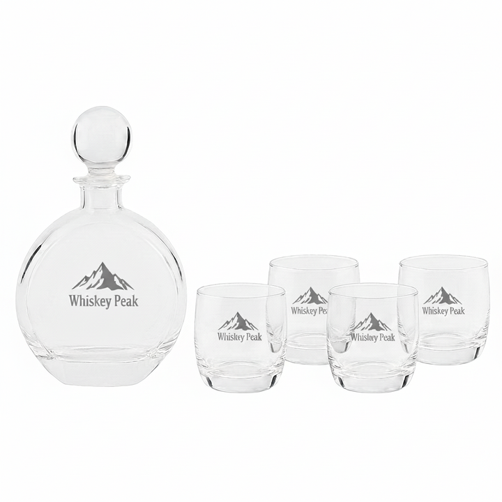 Round Personalized Whiskey Decanter Set with 4 Engraved Glasses