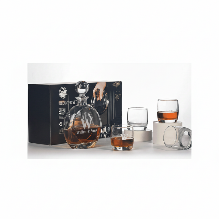 Round Personalized Whiskey Decanter Set with 4 Engraved Glasses