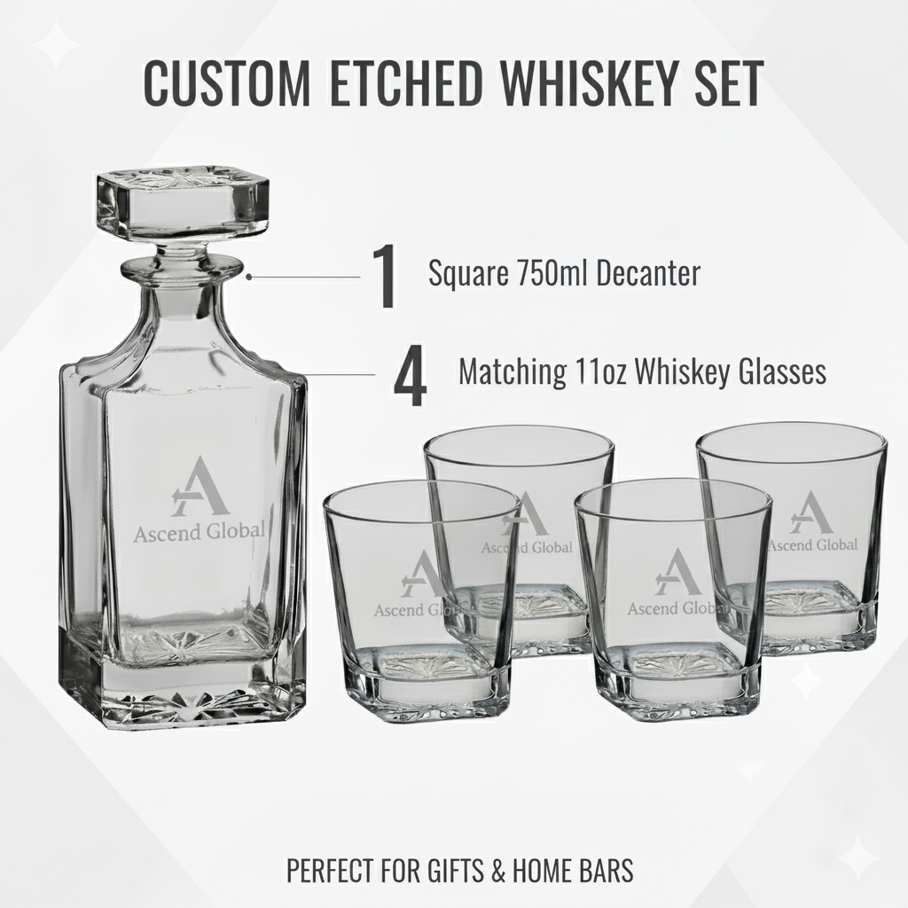 Custom Laser Engraved Whiskey Decanter Set with 4 Glasses