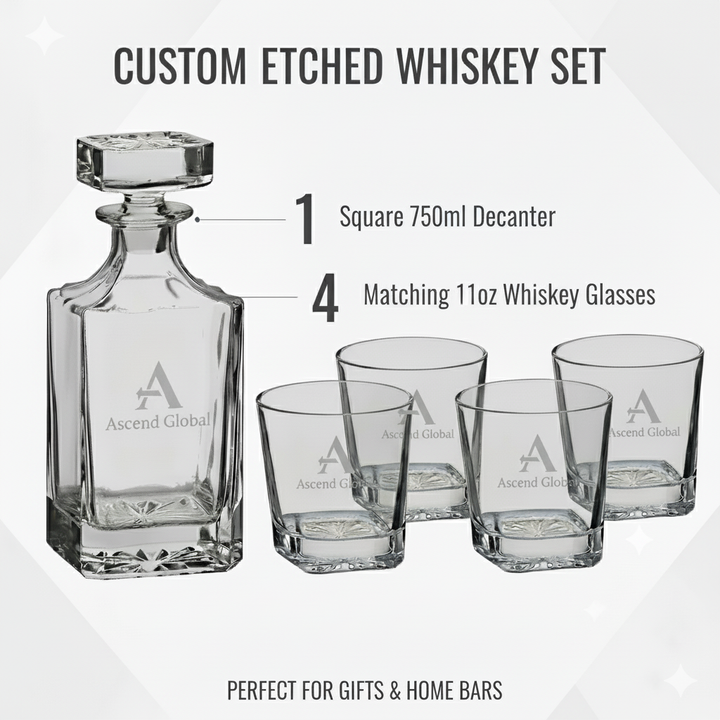 Custom Laser Engraved Whiskey Decanter Set with 4 Glasses