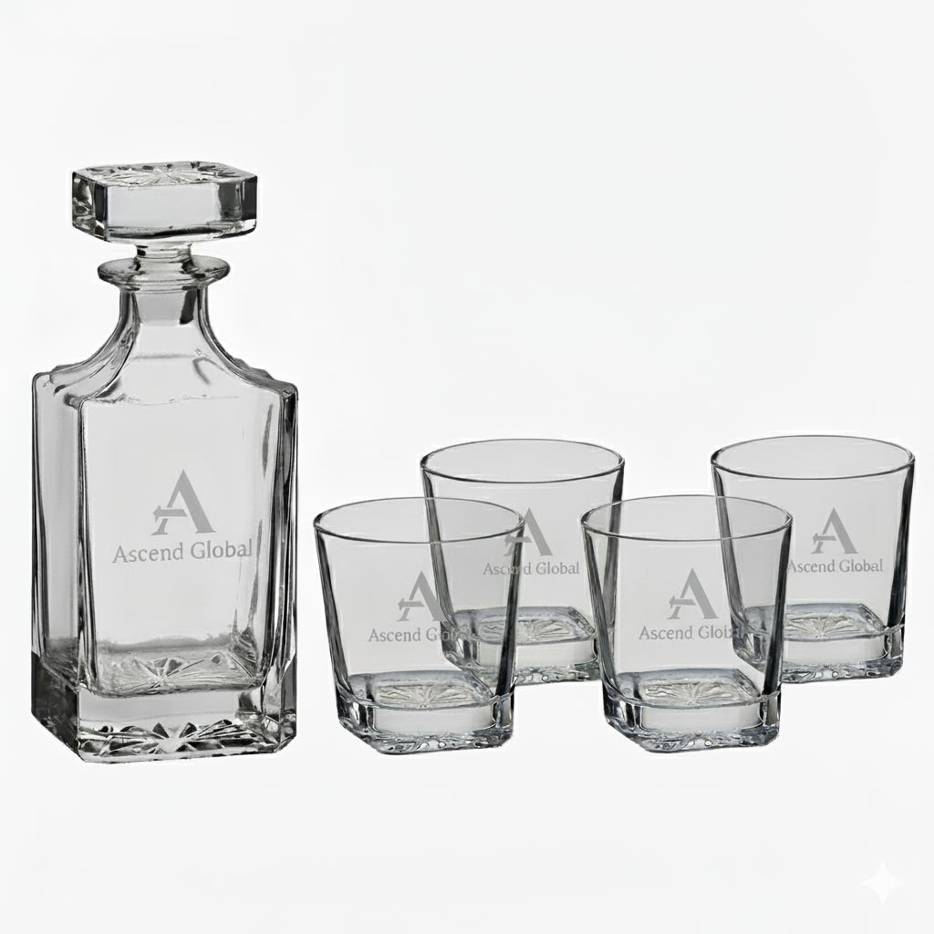 Custom Laser Engraved Whiskey Decanter Set with 4 Glasses