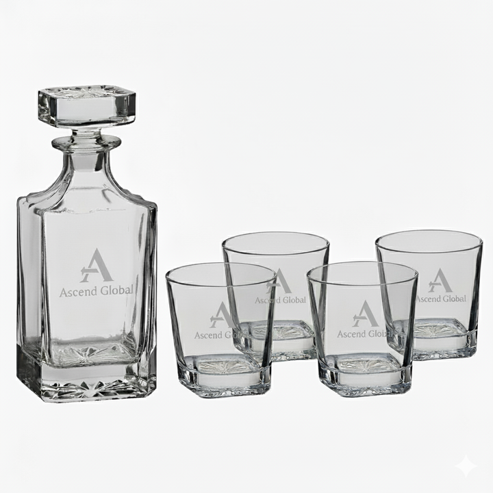 Custom Laser Engraved Whiskey Decanter Set with 4 Glasses