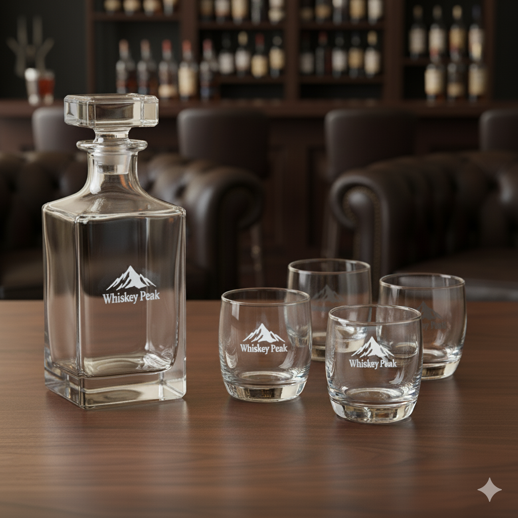 Custom Laser Engraved Whiskey Decanter Set with 4 Glasses