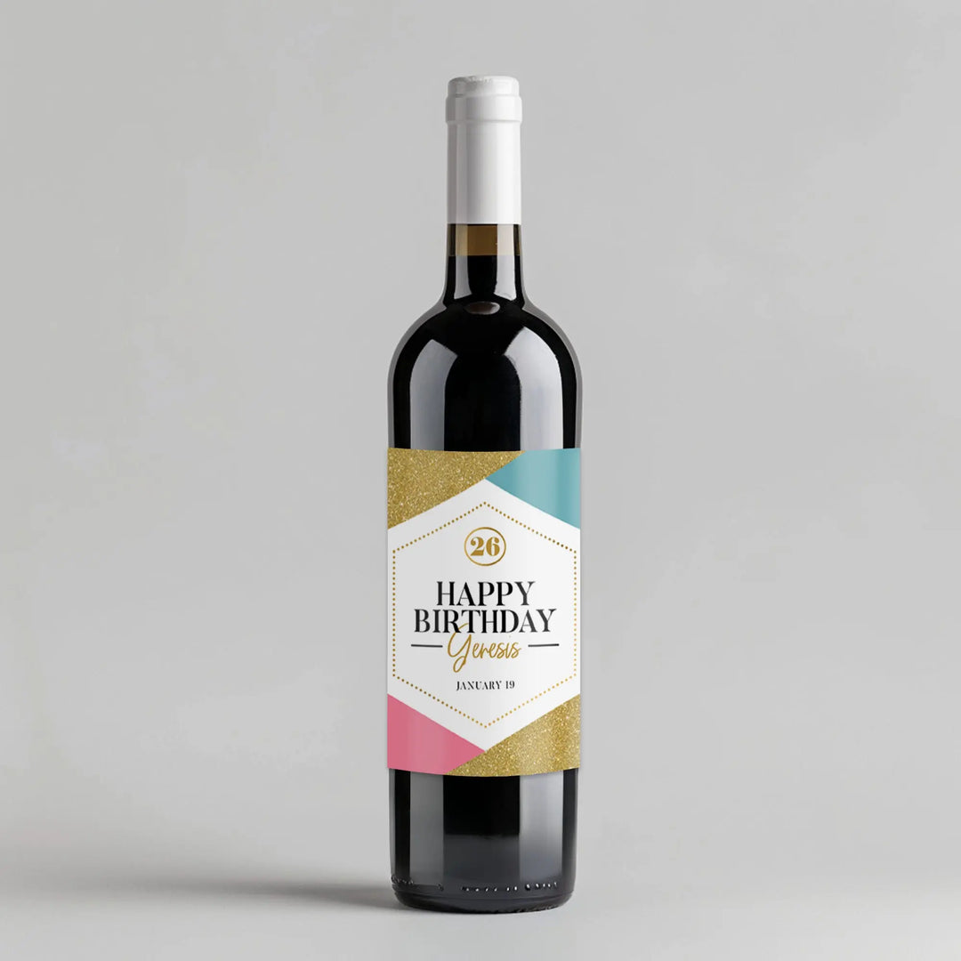 Geometric Glitter Birthday Wine Label iCustomLabel