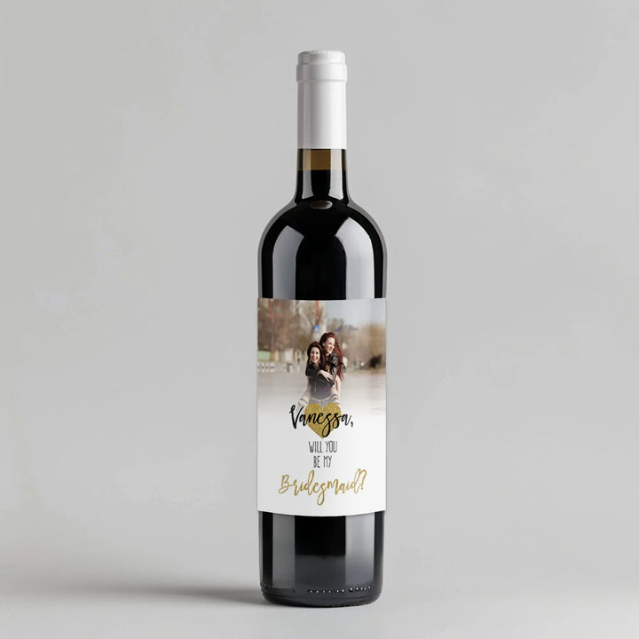 Glitter Heart Bridesmaid Wine Label iCustomLabel