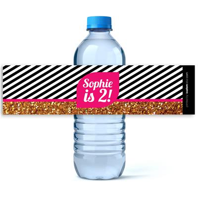 Glitter Stripes Birthday Water Bottle Labels