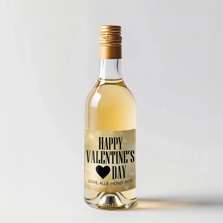 Gold Bokeh Hearts Mini Wine Label iCustomLabel