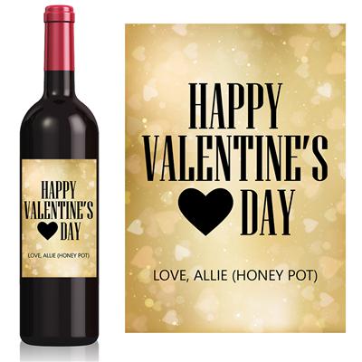 Gold Bokeh Hearts Valentine Wine Label