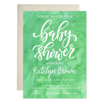 Green Watercolors Baby Shower Invitations