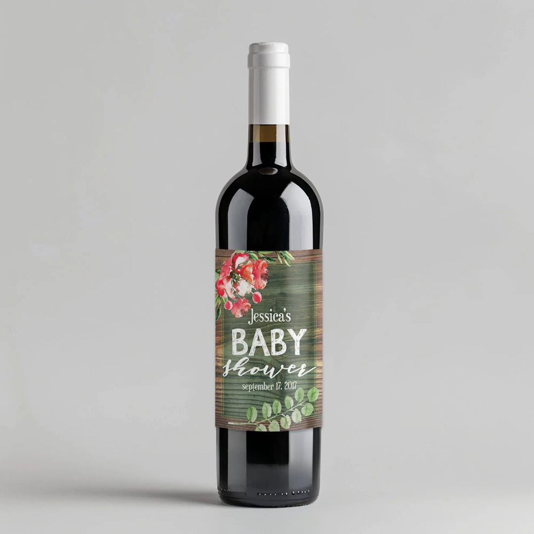 Green Wood Baby Shower Wine Label iCustomLabel