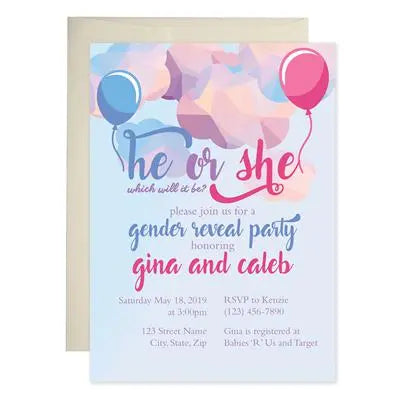 He Or She Balloons Gender Reveal Invitations