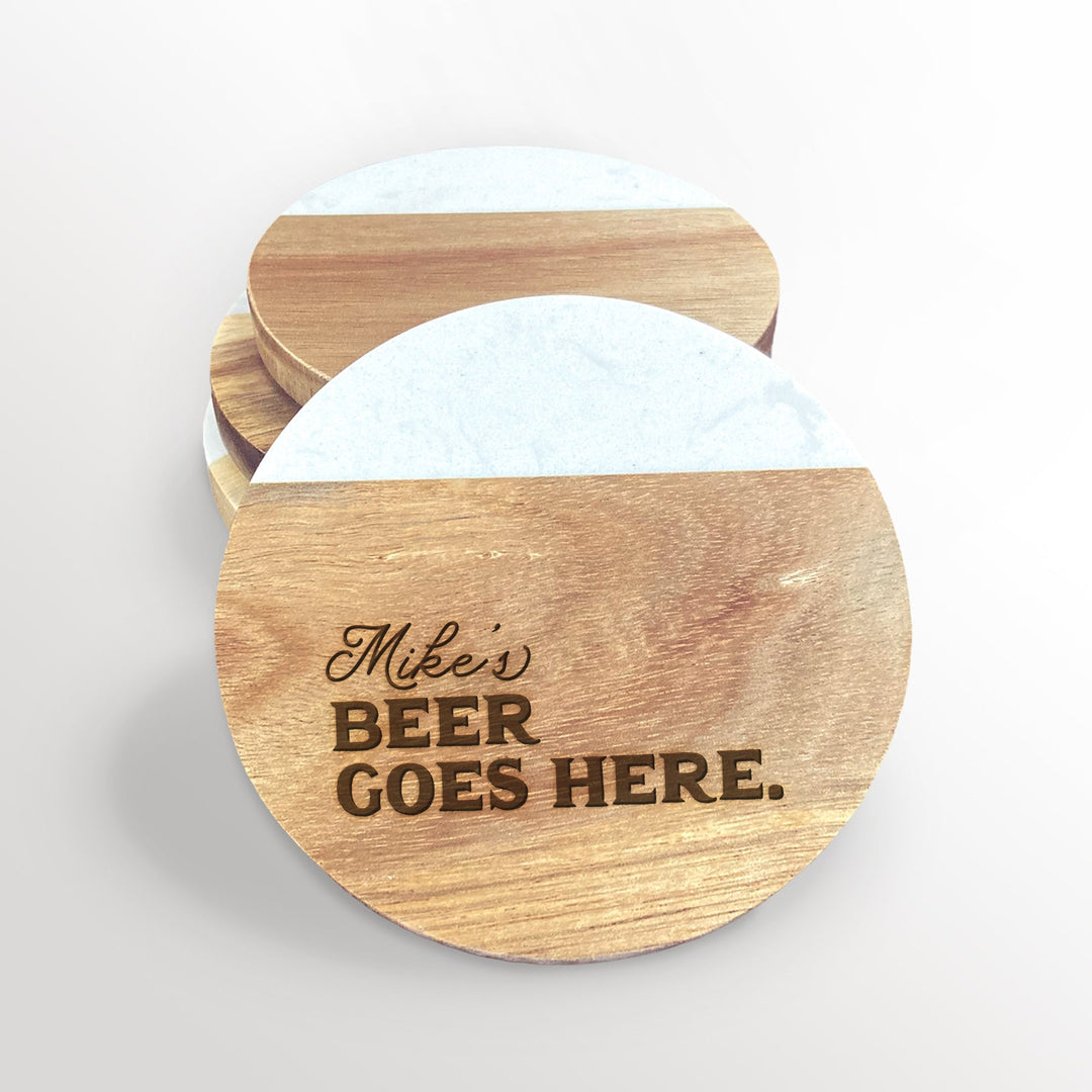 His Drink Goes Here Acacia Wood and Marble Coasters