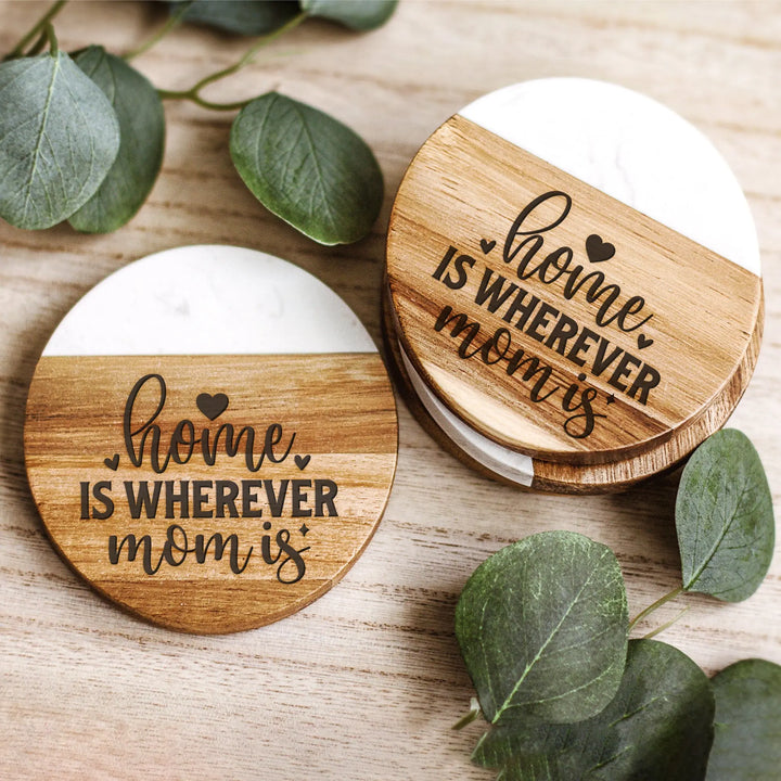 Home is Wherever Mom Is Acacia Wood and Marble Coasters iCustomLabel