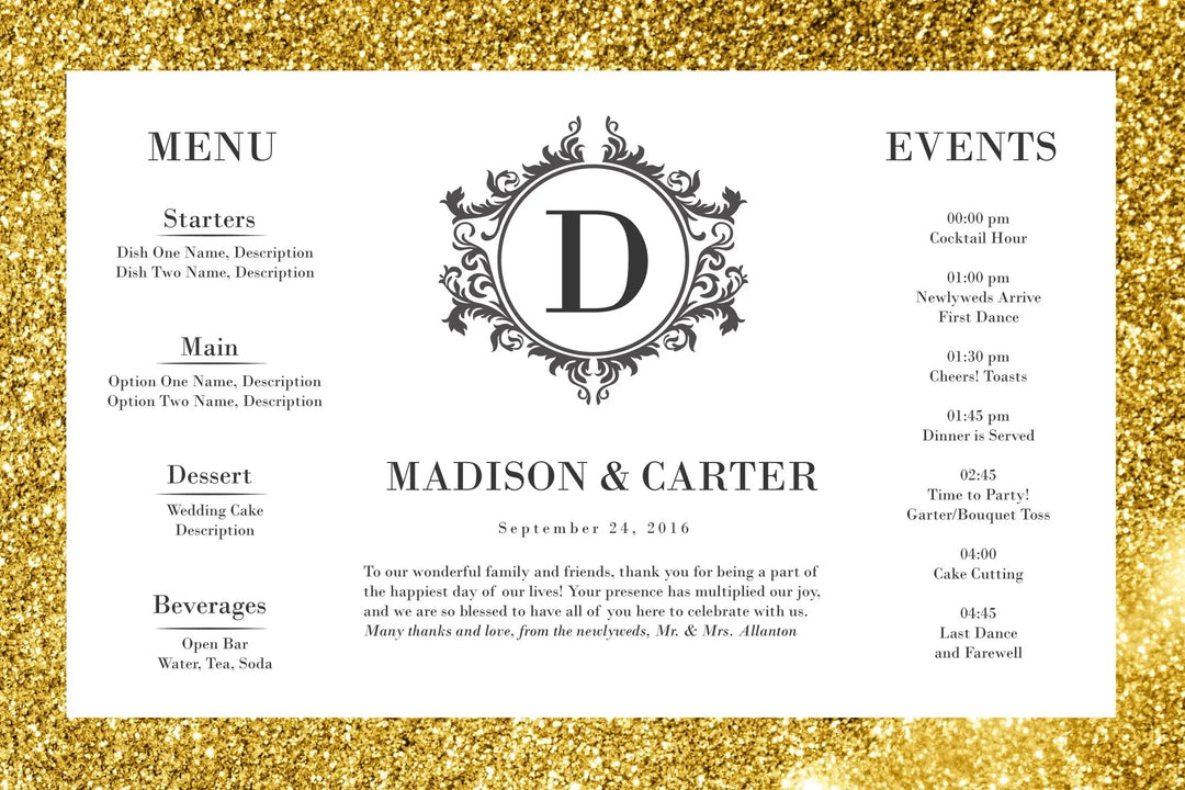 Menu Gold Glitter Border Placemats