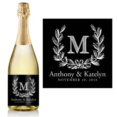 Monogram Wreath Black Wedding Champagne Label