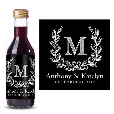 Monogram Wreath Black Wedding Mini Wine Label