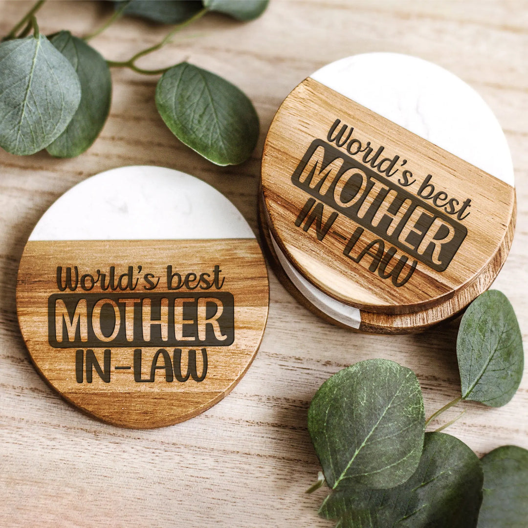 Mother In Law Acacia Wood and Marble Coasters iCustomLabel