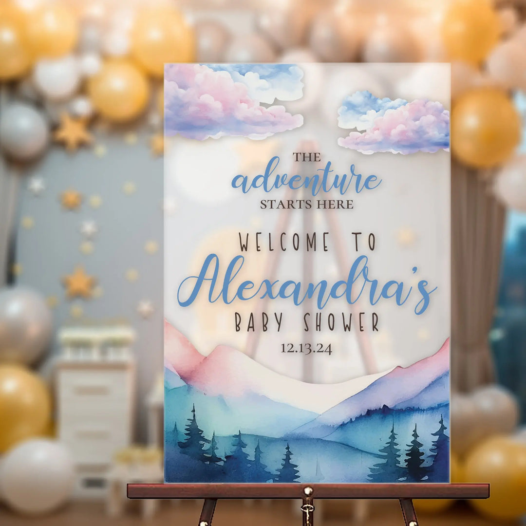 Mountains Adventure Baby Shower Sign iCustomLabel