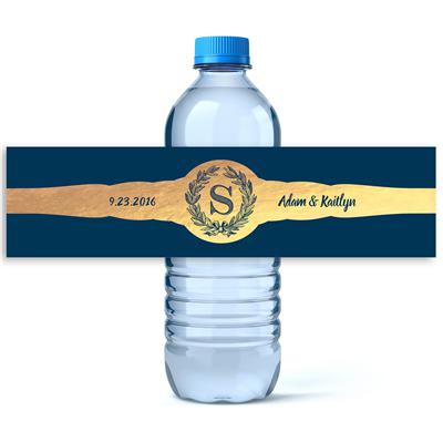 Navy Gold Monogram Wedding Water Bottle Labels