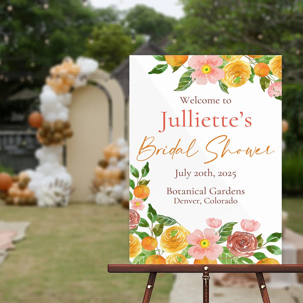 Orange Flowers Bridal Shower Welcome Sign iCustomLabel