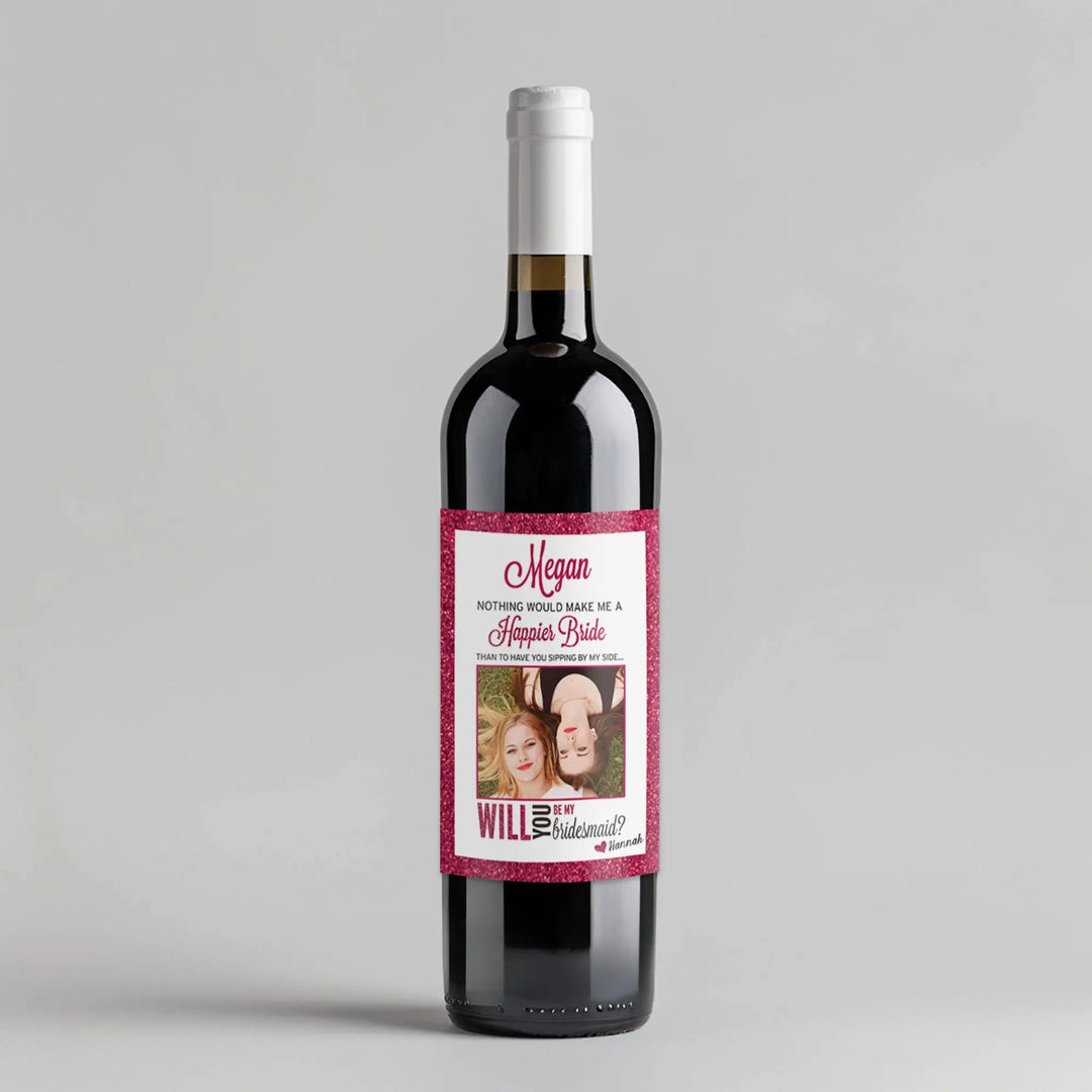 Pink Glitter Bridesmaid Wine Label iCustomLabel