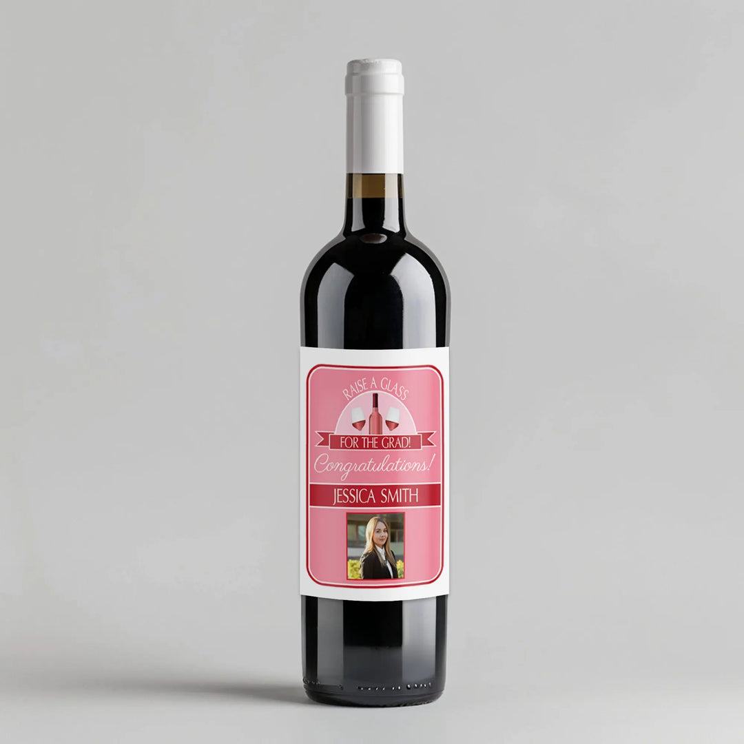 Raise A Glass Pink Graduation Wine Label iCustomLabel