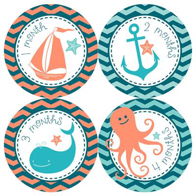 Sea Critter Teal Baby Month Stickers