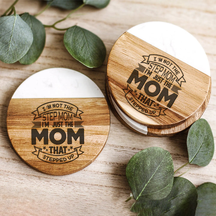 Stepped Up Mom Acacia Wood and Marble Coasters iCustomLabel