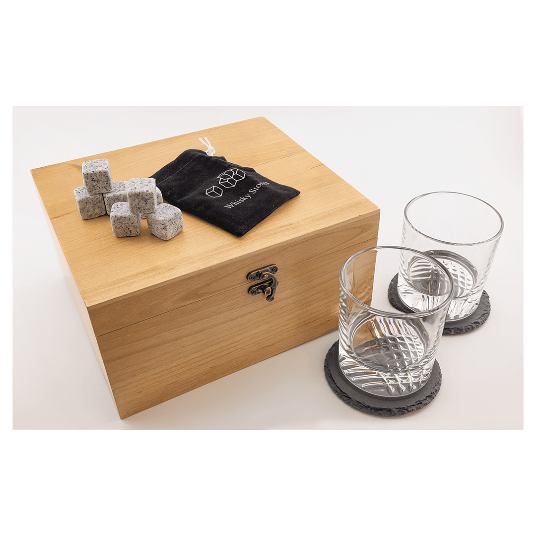 Personalized Whiskey Gift Box Set with Glasses, Stones & Coasters