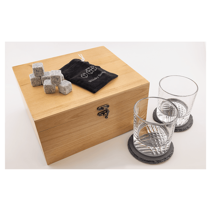 Personalized Whiskey Gift Box Set with Glasses, Stones & Coasters