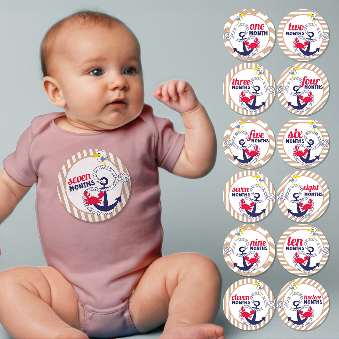 Anchors Aweigh Neutral Baby Month Stickers - iCustomLabel