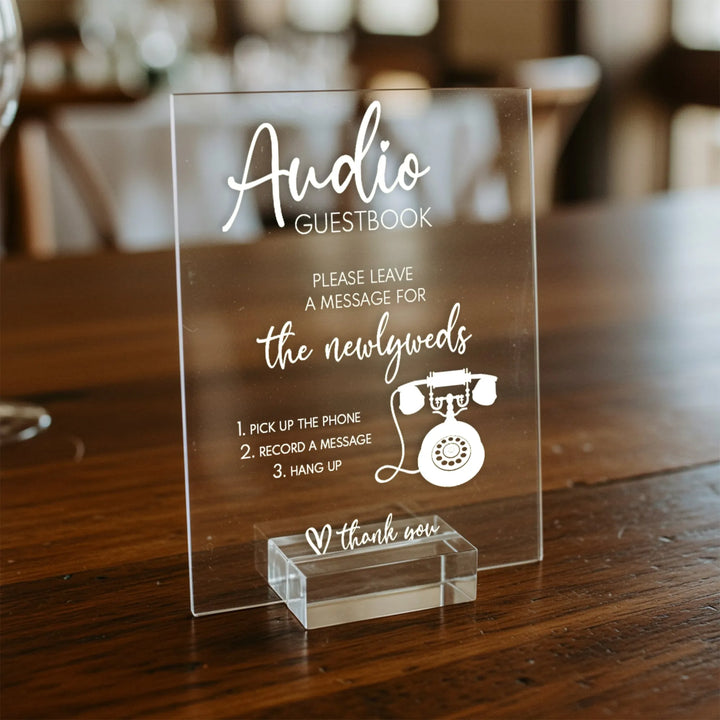 Acrylic wedding table sign for audio guestbook with instructions and vintage phone graphic