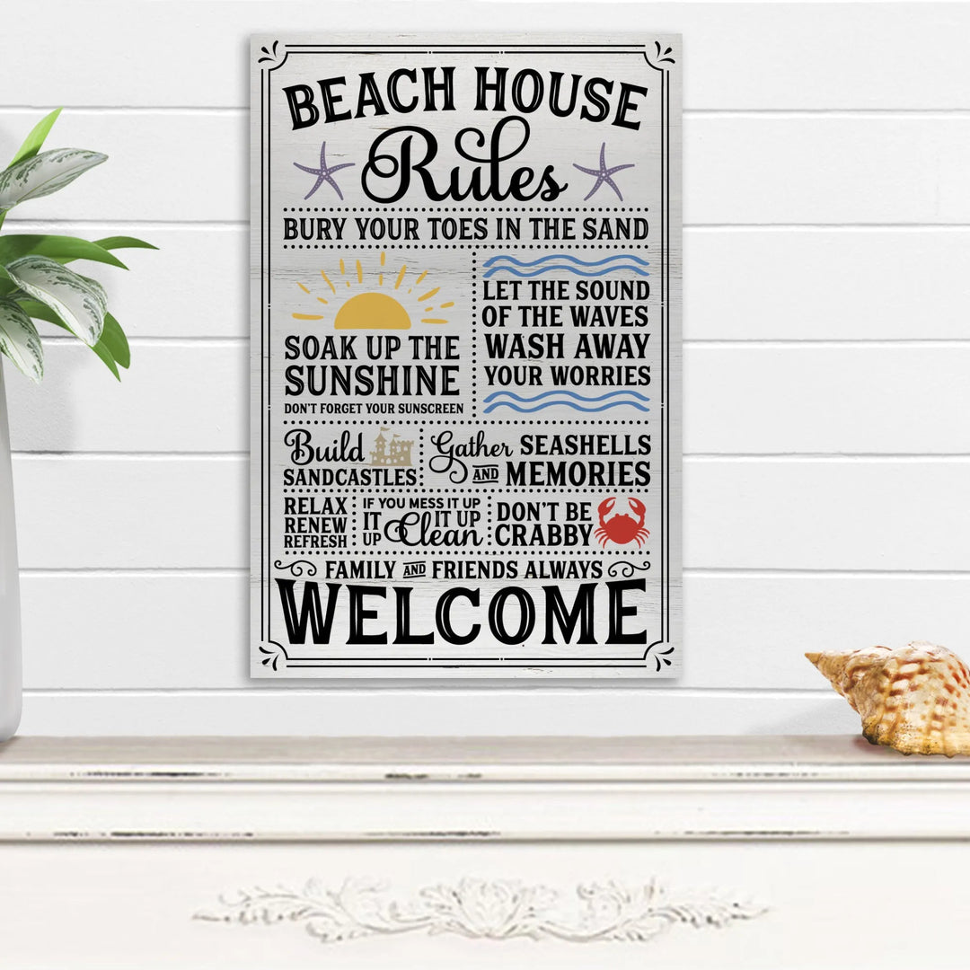Beach house rules metal wall sign with sun, starfish, crab, sandcastle graphics in coastal home decor