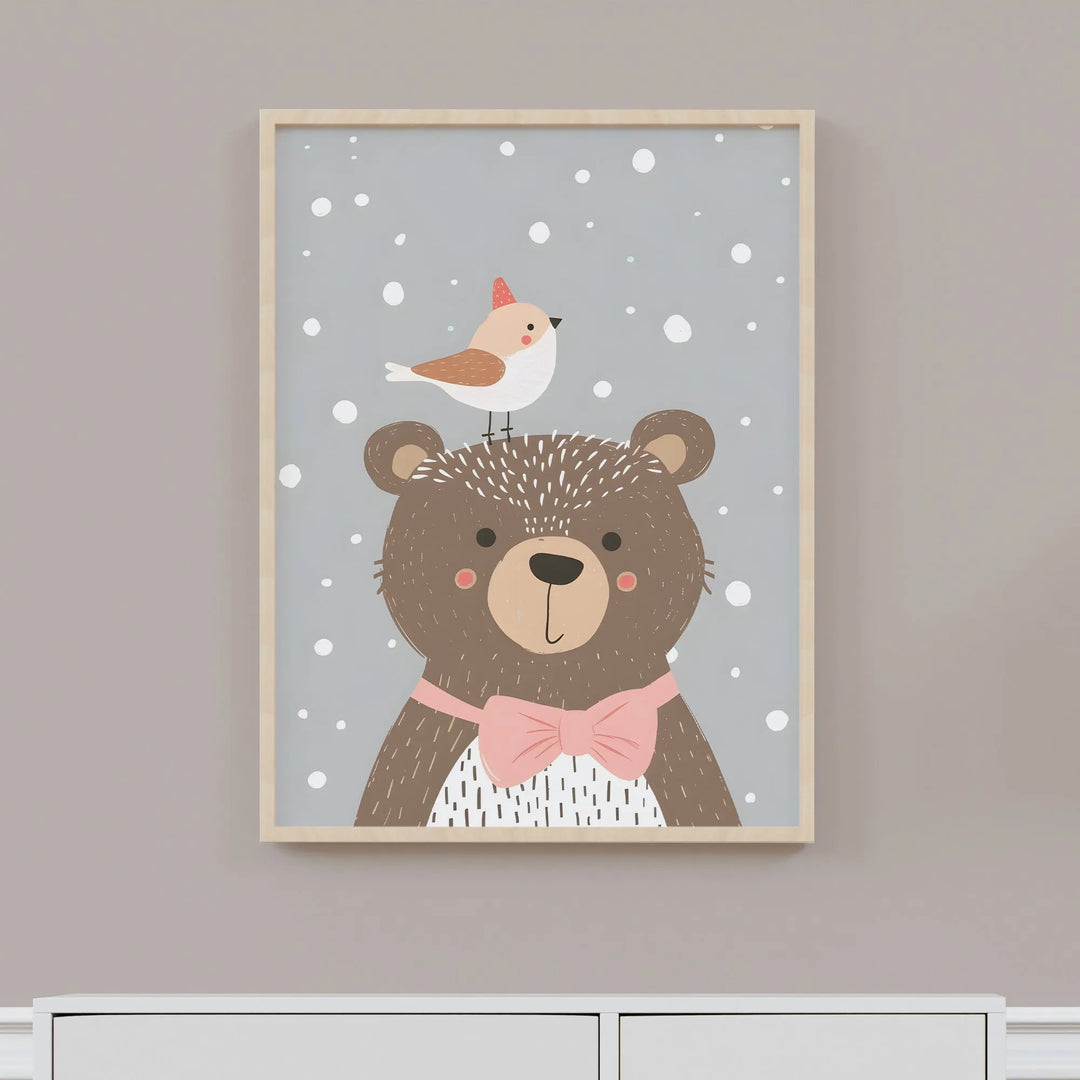 Nursery wall art of a cute brown bear with pink bow tie and a small bird on its head with snowflakes