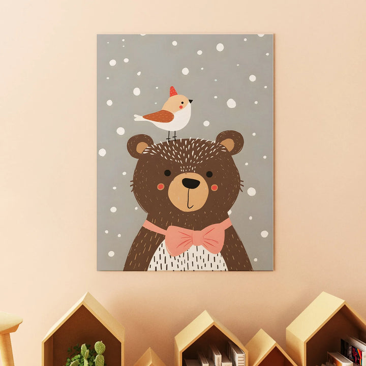 Bear with Bird Nursery Poster – Cute Kids Room Wall Art with Snow - iCustomLabel